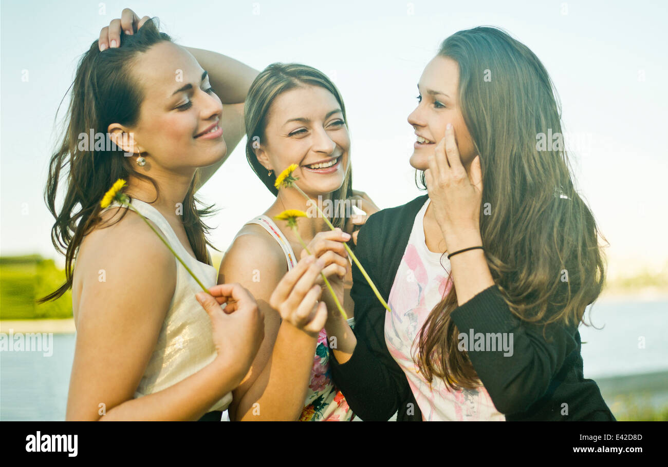 Drei jungen Freundinnen am Ufer halten Löwenzahn Stockfoto