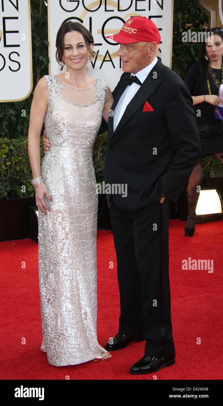 71. annual Golden Globe Awards im The Beverly Hilton Hotel - Red Carpet Ankünfte mit statt: Niki Lauda, Birgit Wetzinger wo: Los Angeles, California, Vereinigte Staaten von Amerika bei: 12. Januar 2014 Stockfoto