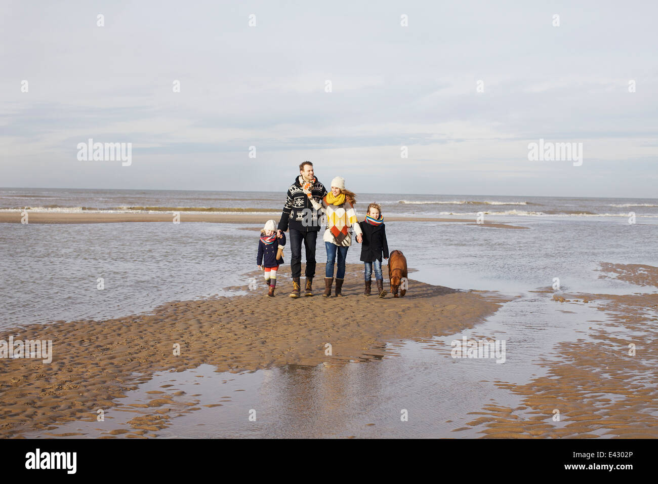 Mitte Erwachsenen Eltern mit Sohn, Tochter und Hund spazieren am Strand, Bloemendaal Aan Zee, Niederlande Stockfoto
