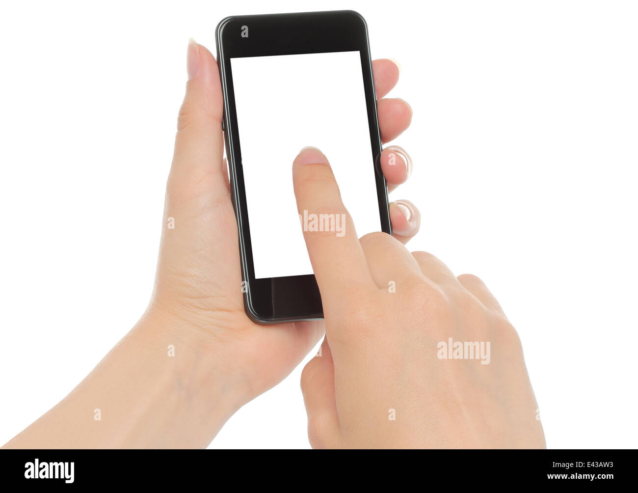 Hände halten smart phone auf weißem Hintergrund Stockfoto