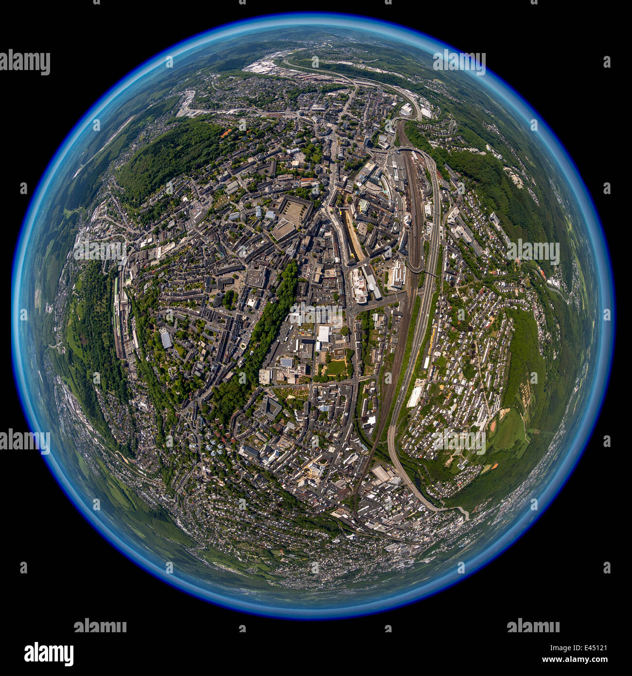 Luftbild, Fischaugen Ansicht, Zentrum von Siegen, Nordrhein-Westfalen, Deutschland Stockfoto