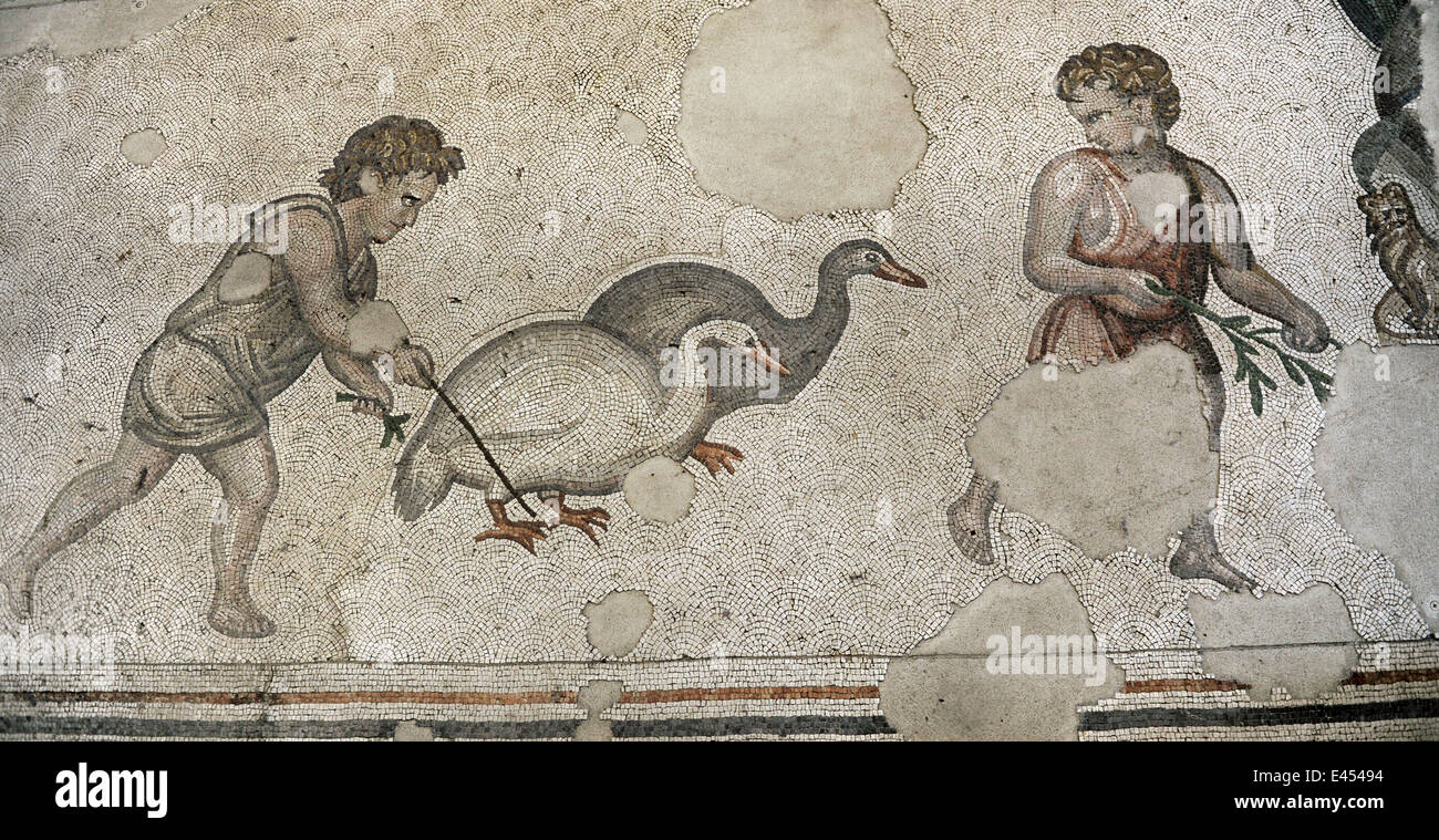 Großer Palast Mosaik-Museum. 4.-6. Jahrhunderte. Detail eines Mosaiks, Kinder mit Gänsen darstellen. Istanbul. Turkei. Stockfoto