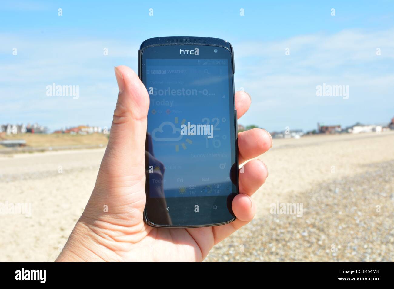 Norfolk, Großbritannien. 3. Juli 2014. BBC Weather app Vorhersage hohe Temperaturen heute, 3. Juli 2014 Credit: Stephen Gostick/Alamy Live News Stockfoto