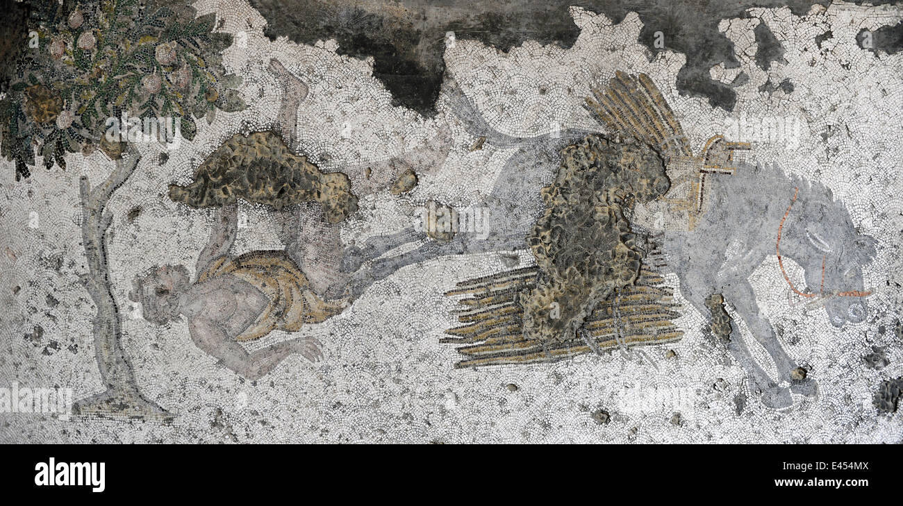 Großer Palast Mosaik-Museum. 4.-6. Jahrhunderte. Detail eines Mosaiks Darstellung Mann von einem Pferd getreten. Istanbul. Turkei. Stockfoto