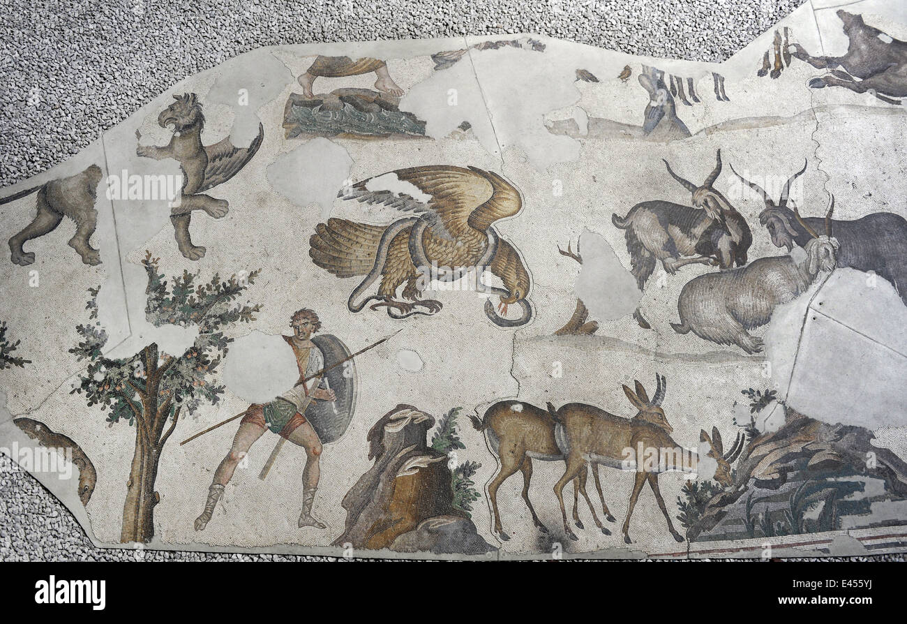Großer Palast Mosaik-Museum. 4.-6. Jahrhunderte. Detail eines Mosaiks Darstellung einer Gruppe von Tieren. Istanbul. Turkei. Stockfoto