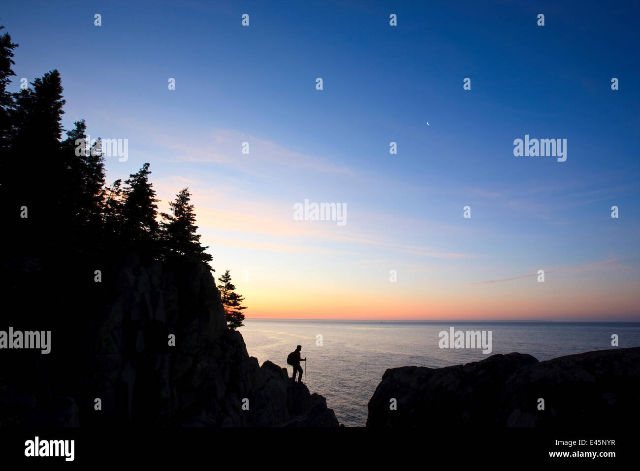 Einsamer Wanderer bei Sonnenaufgang auf dem Bold Coast Trail in Cutler, Maine, USA, Juni 2009. -Modell veröffentlicht. Stockfoto