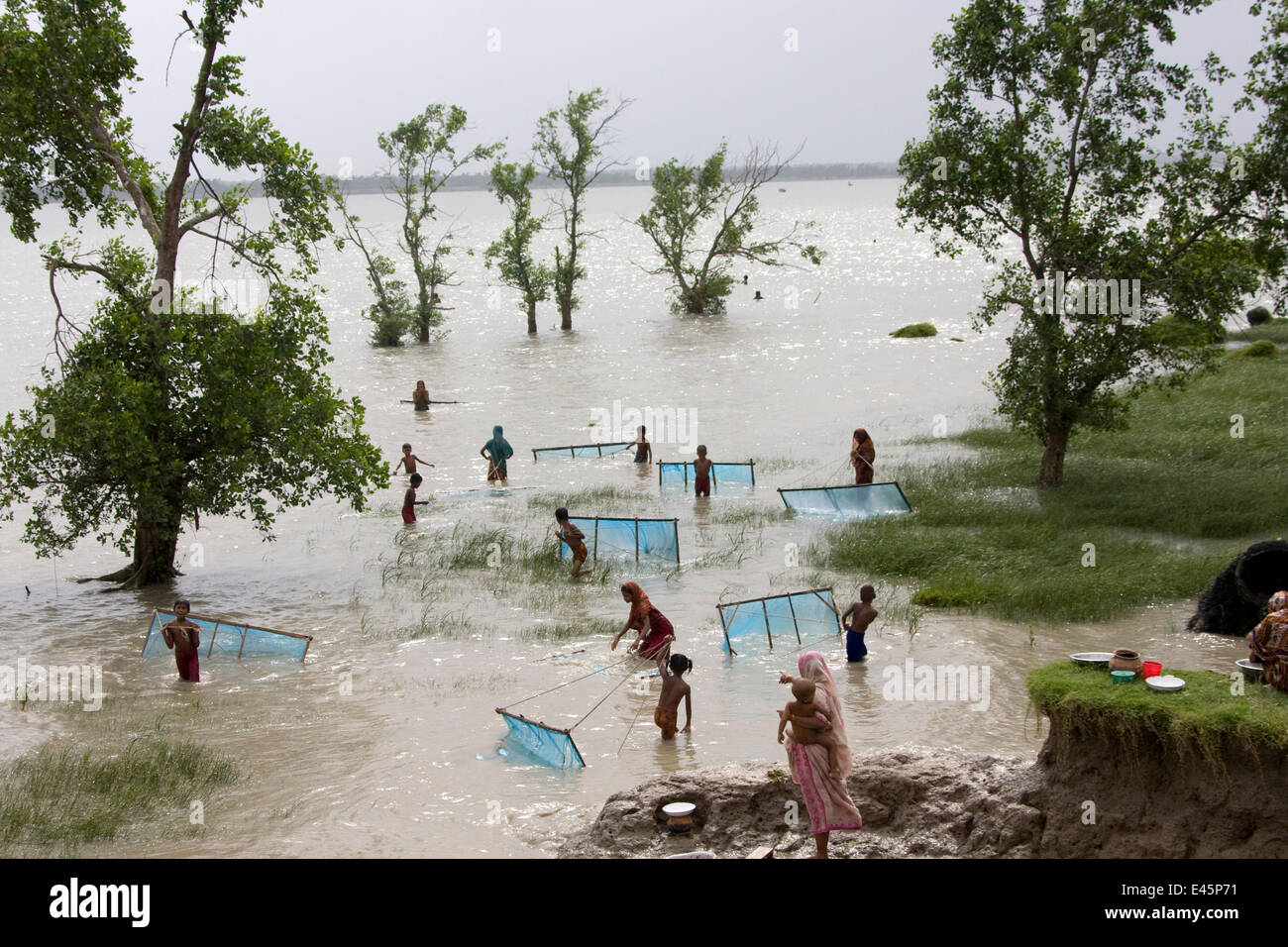 Viele Kinder Angeln für Garnelen Braten an Küsten Marge Land beschädigt durch Taifun Sidr im November 2007, Sundarbans, Bangladesch, Oktober 2008 Stockfoto