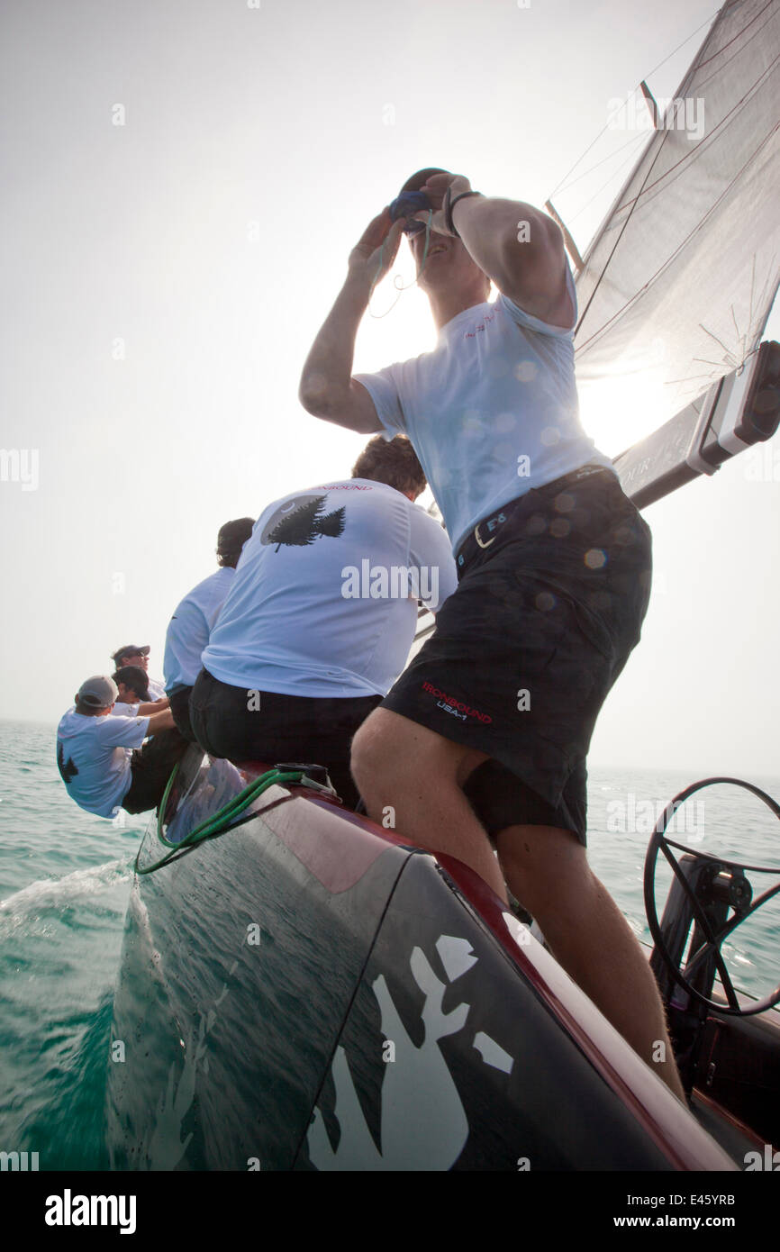 Aktion an Bord RC44 "Ironbound" in Key West Race Week. Florida, USA, Januar 2011. Alle nicht-redaktionellen Verwendungen müssen individuell geklärt werden. Stockfoto