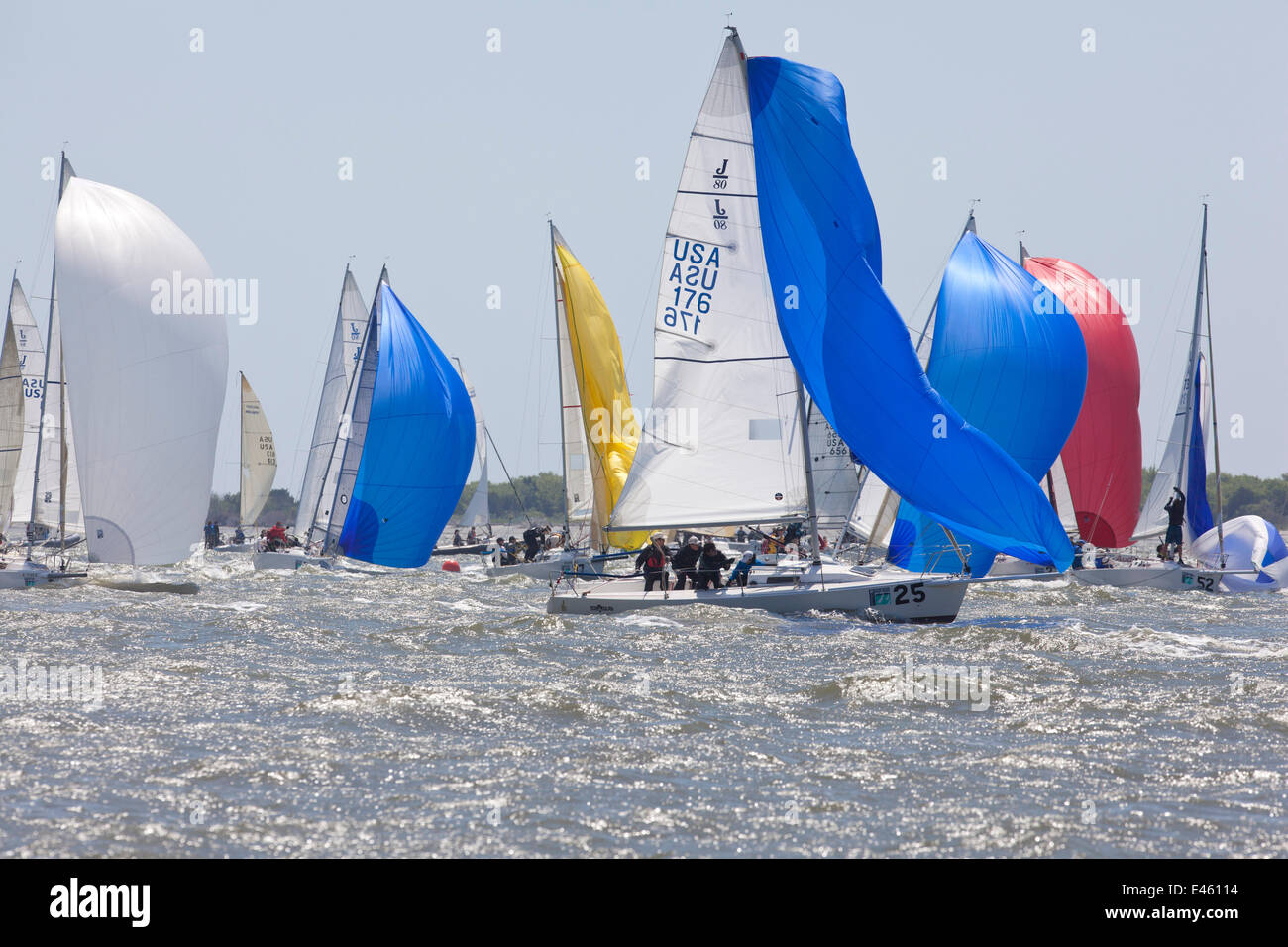 J80 Fleetracing unter SPI an der Rennwoche von Charleston, South Carolina, USA, April 2011. Stockfoto