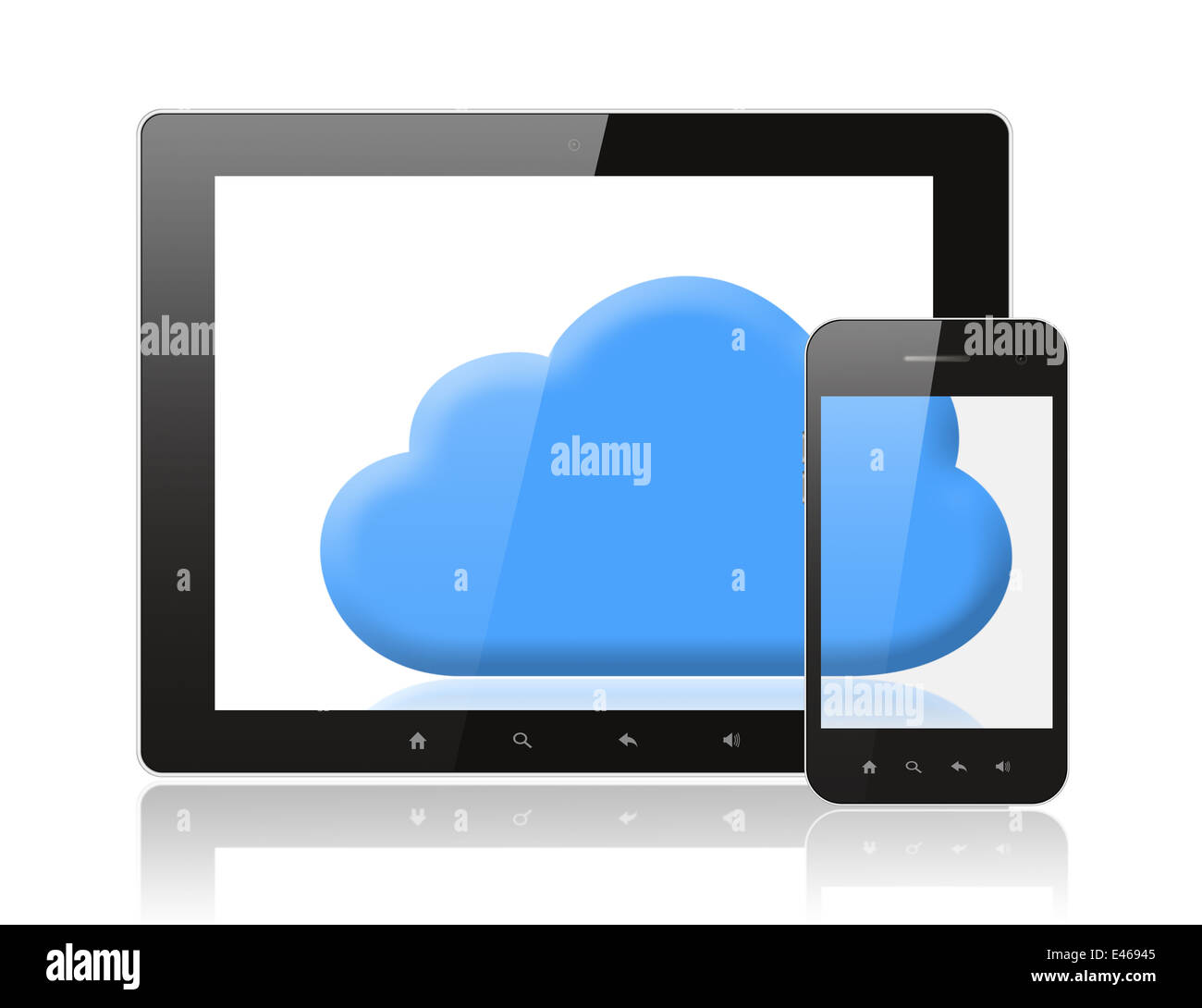 Tablet-PC und Smartphone mit Blue Cloud auf weißem Hintergrund, Cloud Computing Konzept Stockfoto