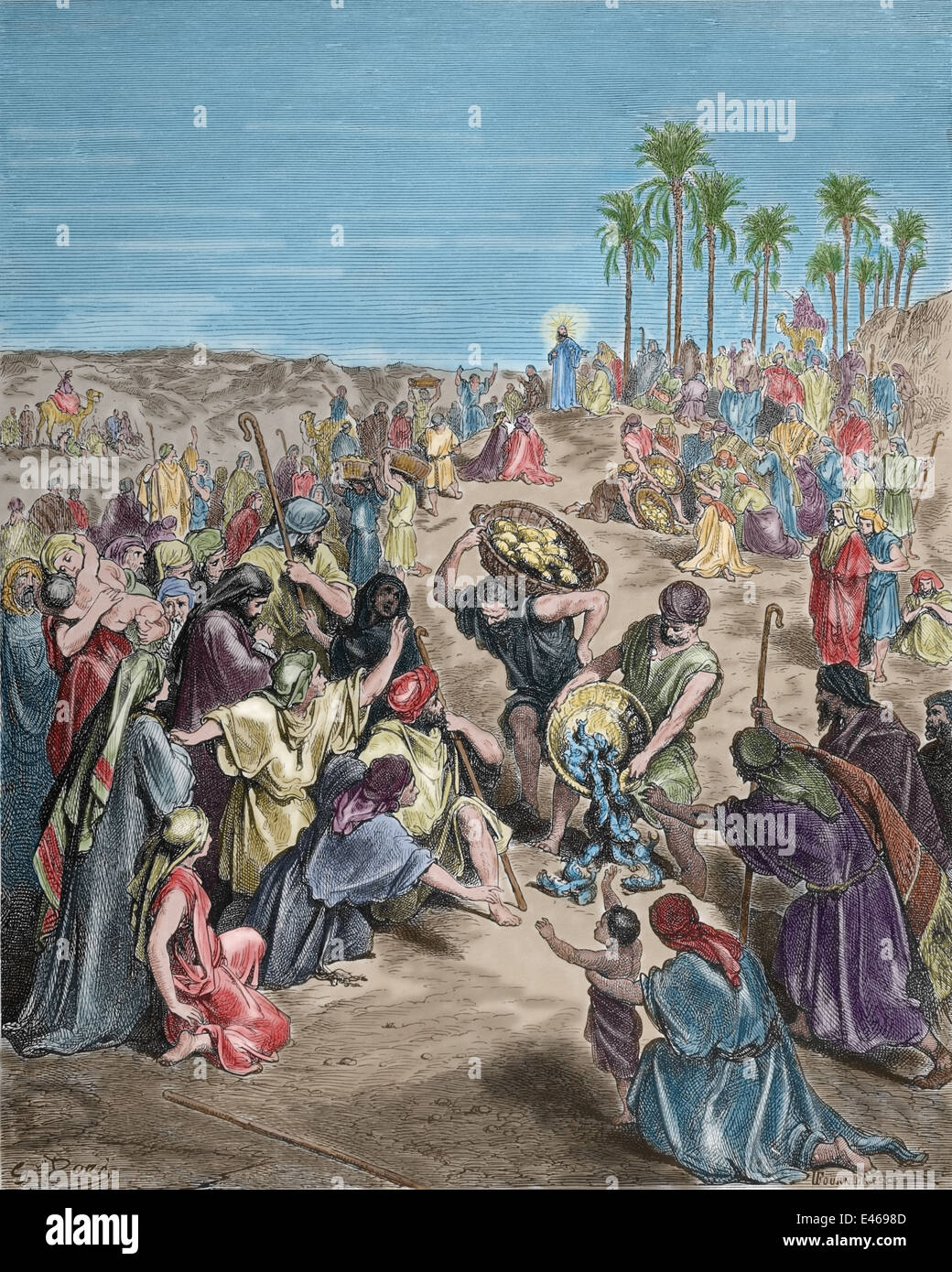 Neuen Testaments. Fütterung der Vielzahl Christus (Matthäus 14:17, 18). Stich von Gustave Dore, 1866. Spätere Färbung. Stockfoto