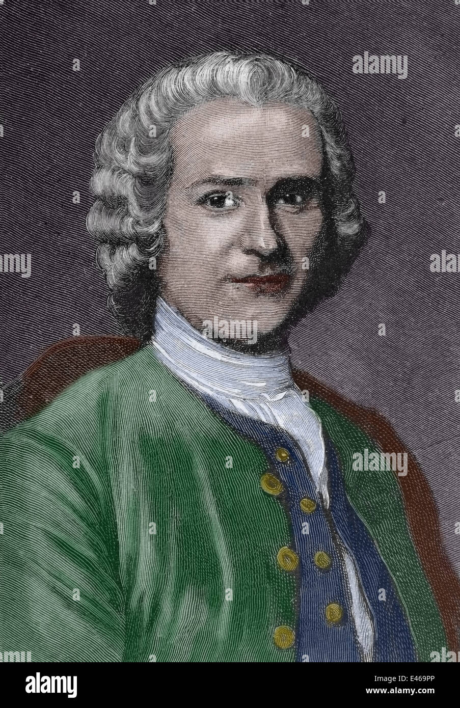 Rousseau, Jean-Jacques (1712-1778). Philosoph, Schriftsteller und Komponist des XVIII Jahrhunderts Erleuchtung. Gravur, Farbe. Stockfoto