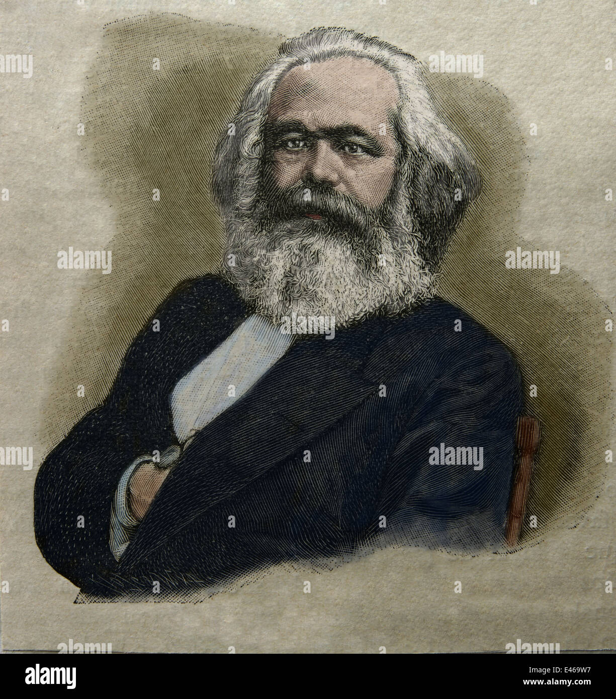 Karl Marx (1818-1883). Deutscher Philosoph und revolutionären sozialistischen. Porträt. Gravur. Farbe. Stockfoto
