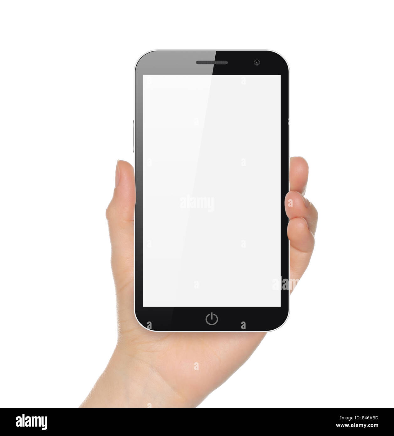 Hand hält grosse smart phone auf weißem Hintergrund Stockfoto