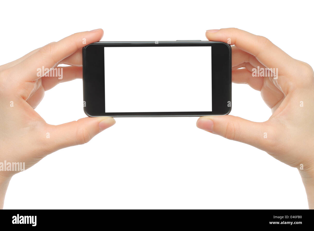 Hände halten smart phone auf weißem Hintergrund Stockfoto