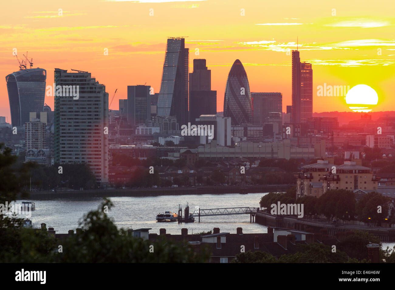 City of London von Greenwich Park gesehen. Stockfoto