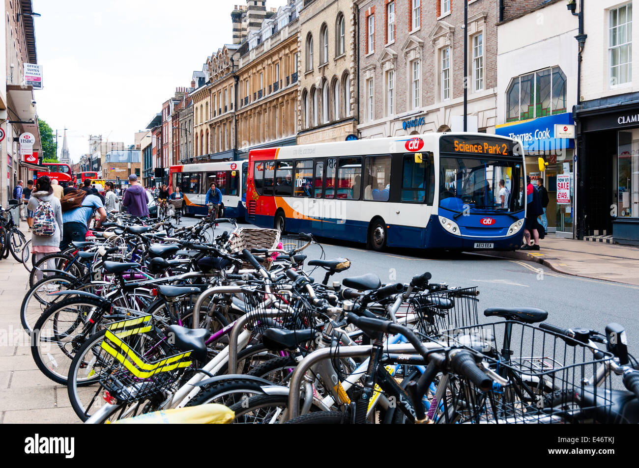 Beschäftigt St Andrews Street, Fahrräder und Busse in Cambridge UK Stockfoto