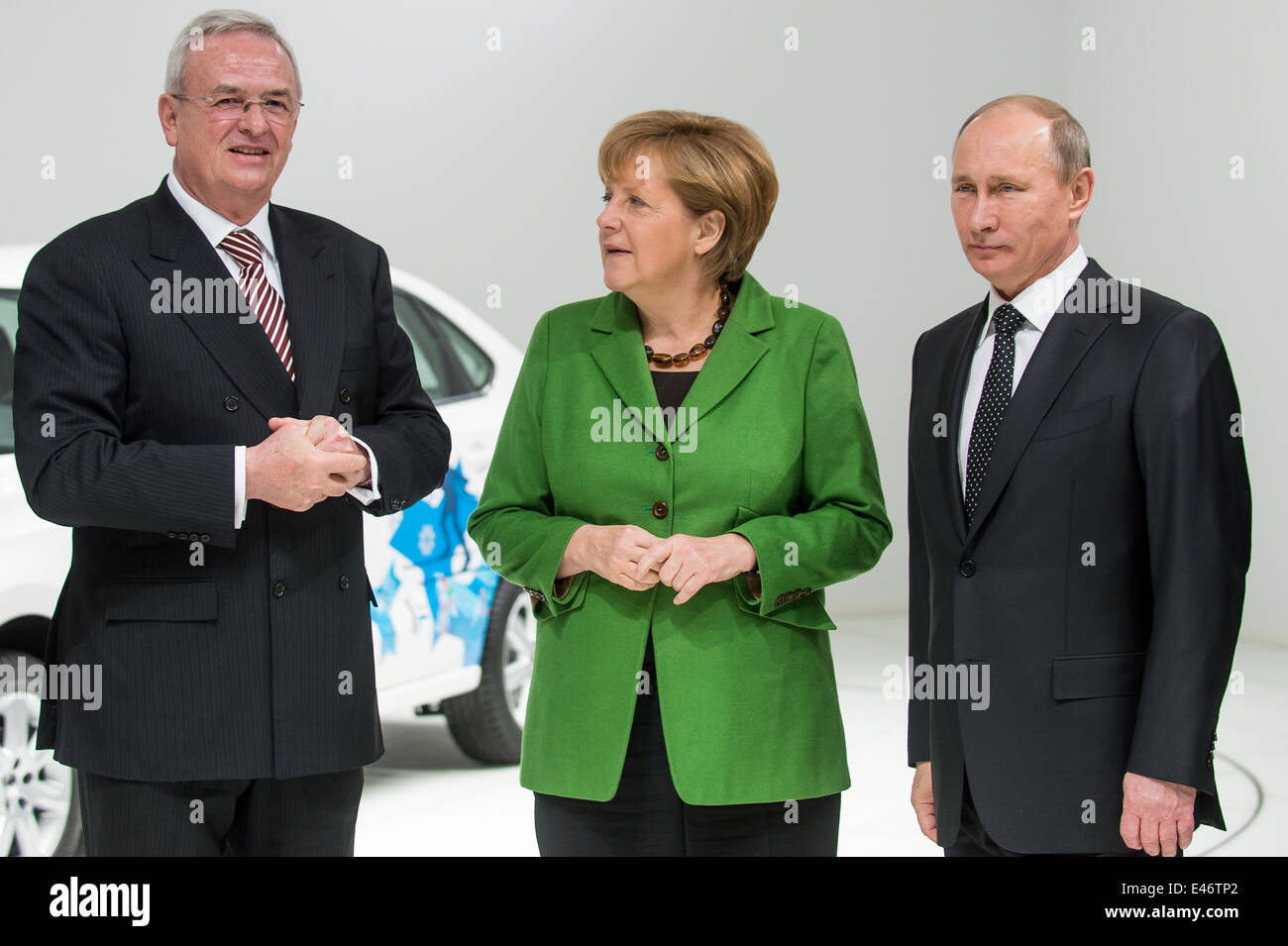 Berlin, Deutschland, Martin Winterkorn, Angela Merkel und Wladimir Putin auf der Hannover Messe Stockfoto