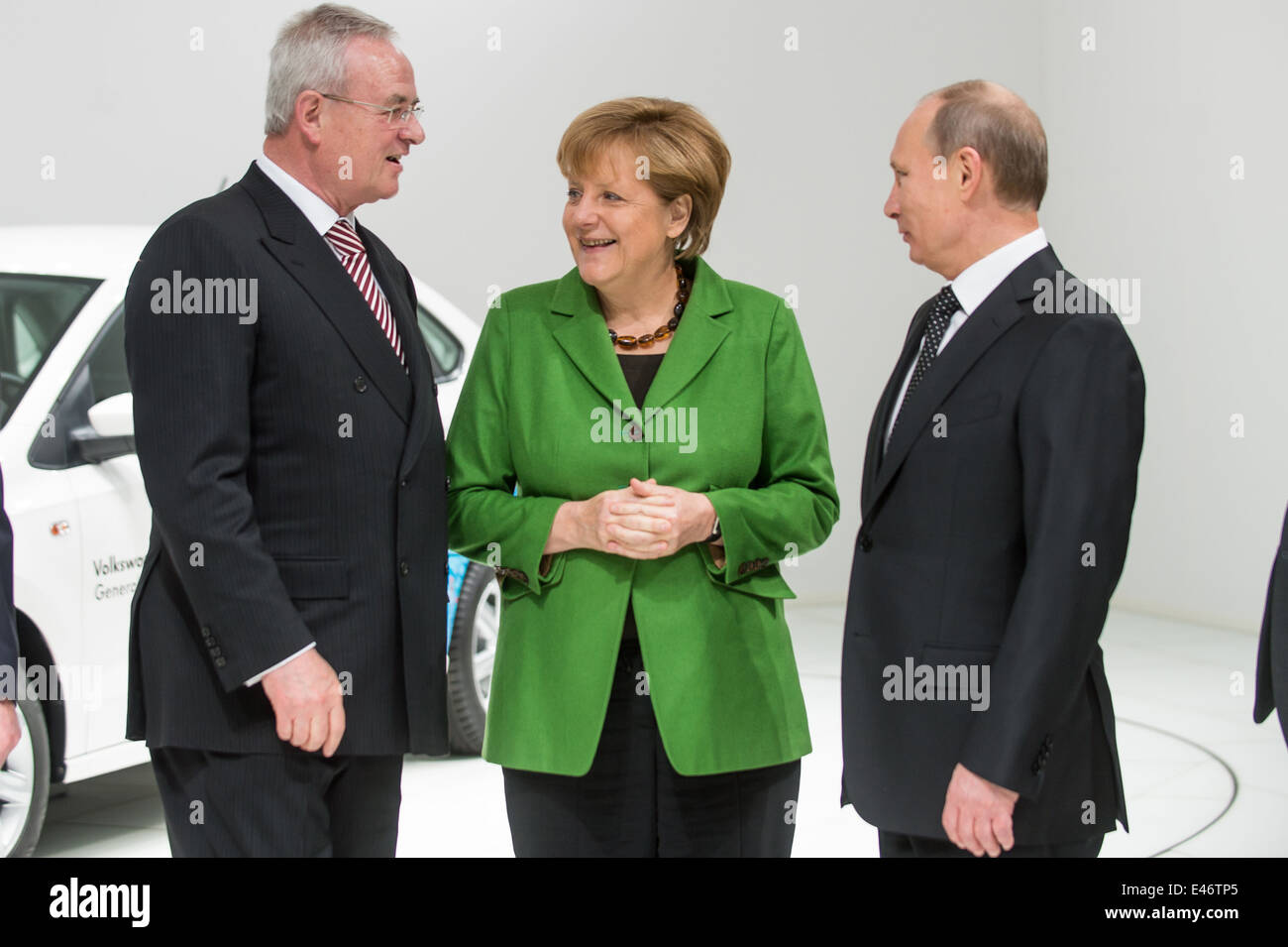 Berlin, Deutschland, Martin Winterkorn, Angela Merkel und Wladimir Putin auf der Hannover Messe Stockfoto