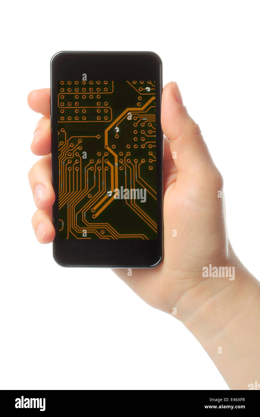 Hand hält Smartphone mit Platine auf weißem Hintergrund Stockfoto