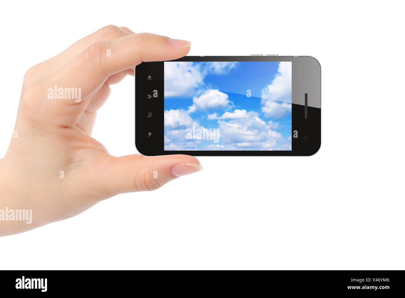 Frau Hand hält Smartphone mit Sky auf weißem Hintergrund, Cloud-computing-Konzept Stockfoto