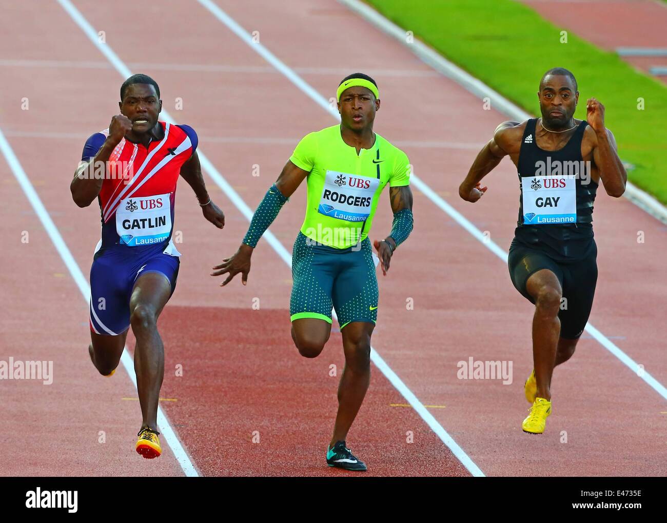 Lausanne, Schweiz. 3. Juli 2014. Internationalen Leichtathletik IAAF Diamond League (von L bis R) Justin Gatlin, Michael Rodgers und Tyson Gay der Vereinigten Staaten zu konkurrieren, während die Herren 100m Rennen während der IAAF Diamond League-Meetings in Lausanne, Schweiz, Juli 3 Credit: Action Plus Sport/Alamy Live News Stockfoto