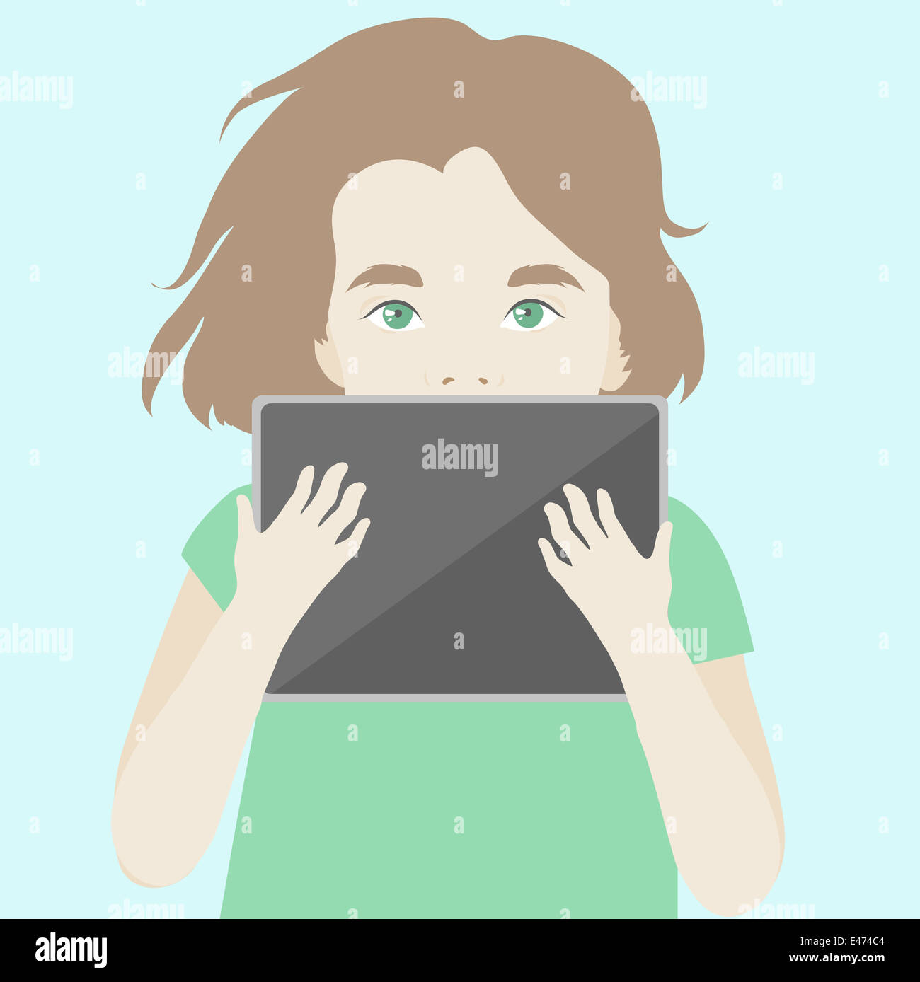 Flache Darstellung der niedlichen Kinder Mädchen Suche nach Inspiration und Phantasie mit digital-Tablette und versucht, neue Dinge zu lernen Stockfoto