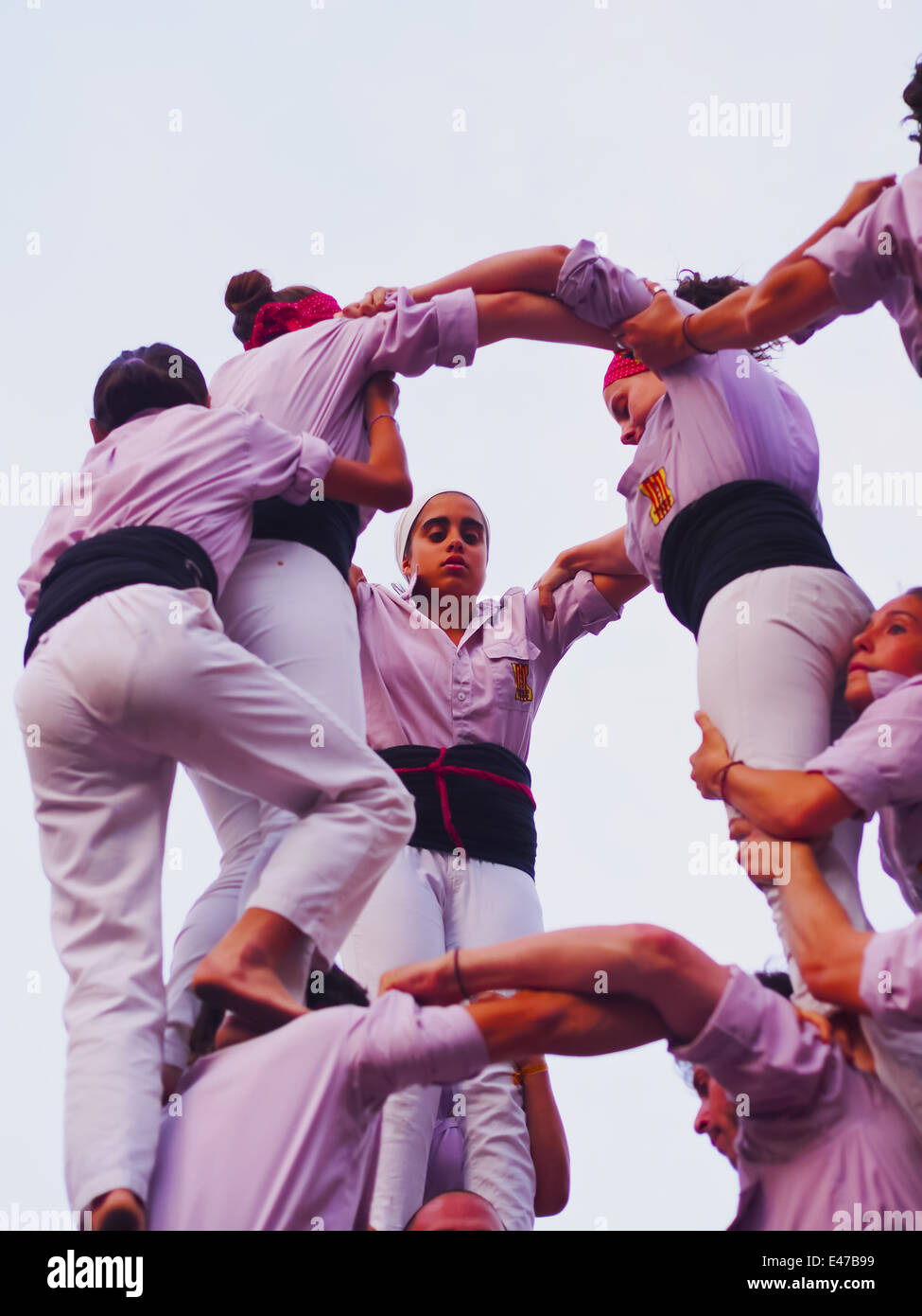 Castells Leistung in Terrassa, Katalonien, Spanien. Ein Castell ist eine menschliche Turm traditionell an Festivals. Stockfoto