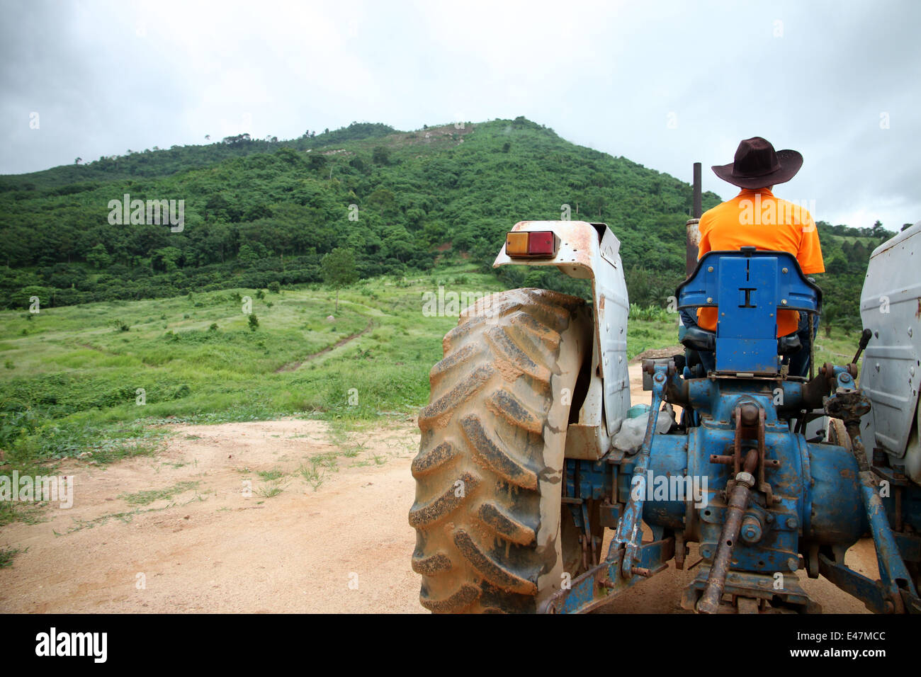 Landwirt in der ländlichen Bauernhof Traktor zu fahren. Stockfoto