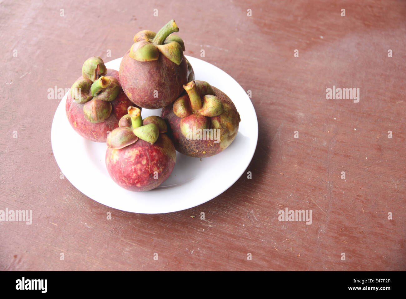 Frischen Mangostan-Frucht in Schale auf der Lebensmittel-Tabelle. Stockfoto