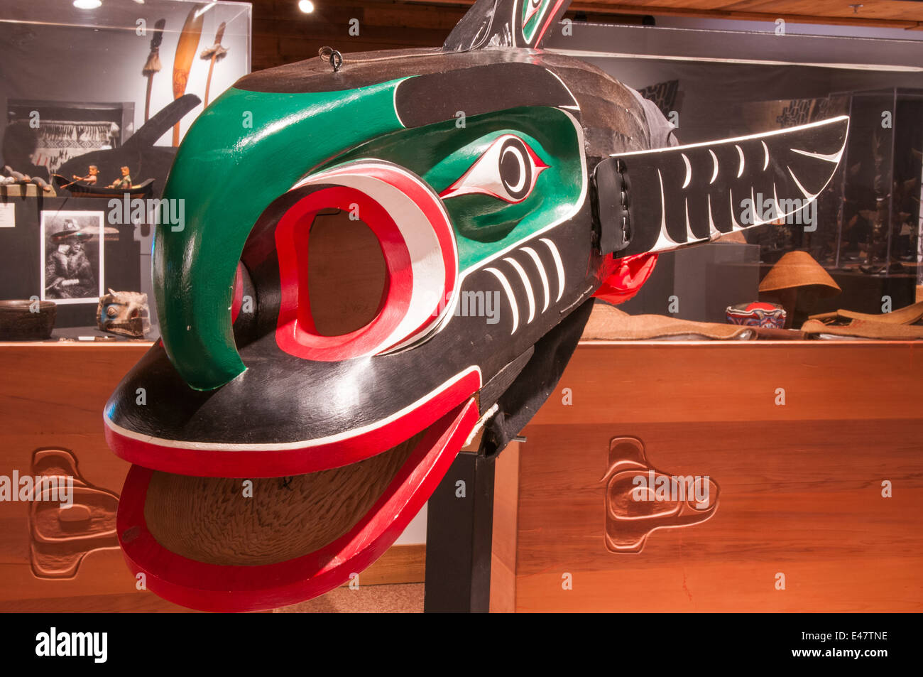 Zeremonialmasken der First Nation in haida im U’Mista Cultural Centre, Alert Bay, Vancouver Island, British Columbia, Kanada. Stockfoto