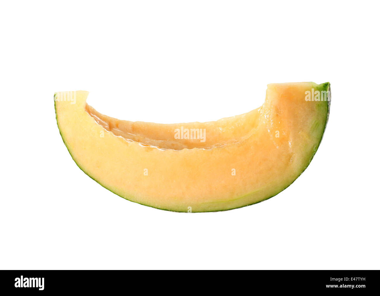 Cantaloupe-Melone schneiden Sie in Scheiben isoliert auf weißem Hintergrund. Stockfoto