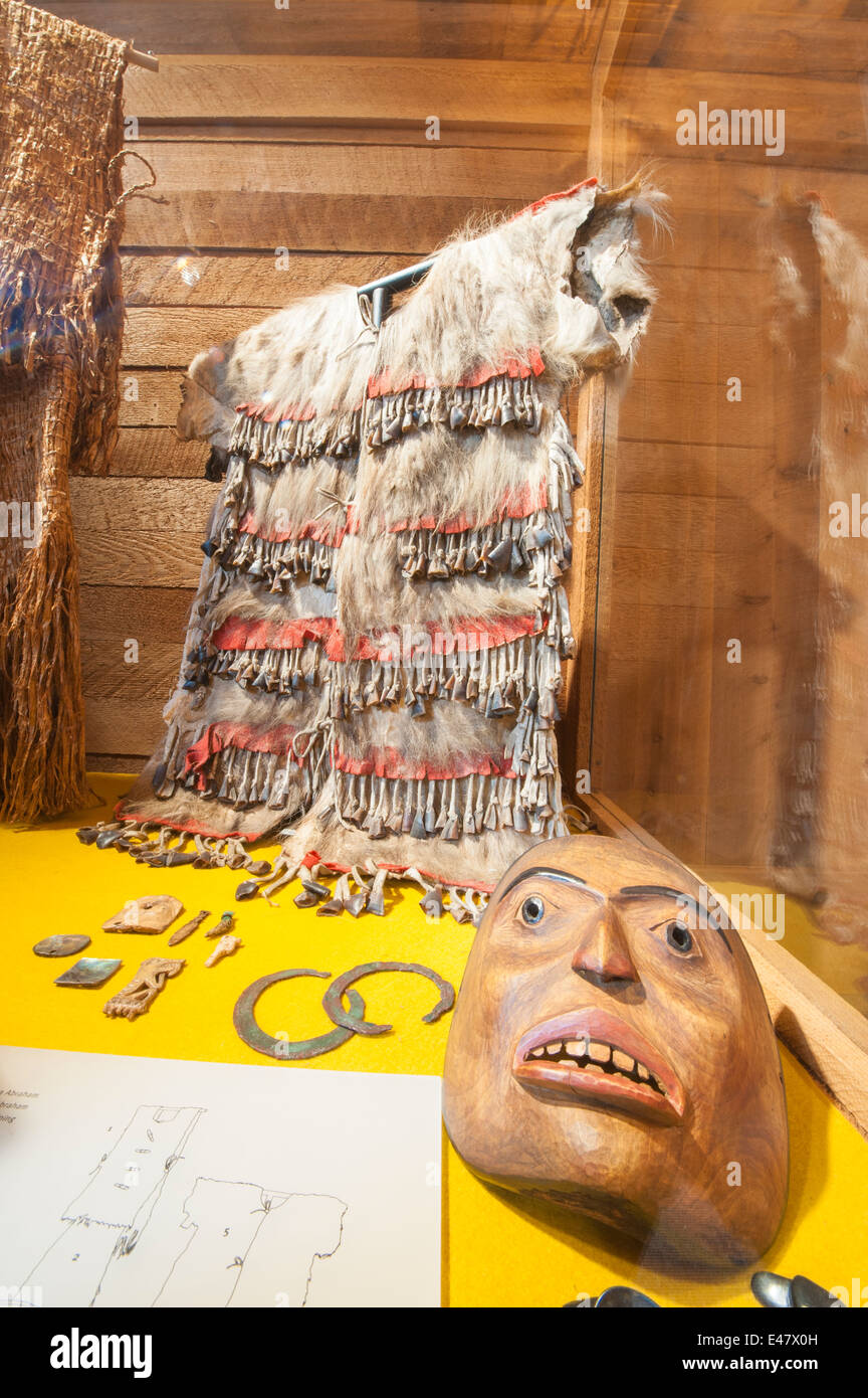 Erste Nation indische Haida Küstenbewohner geschnitzt Holz Holzmasken Museum of Northern British Columbia, Prince Rupert, Kanada. Stockfoto