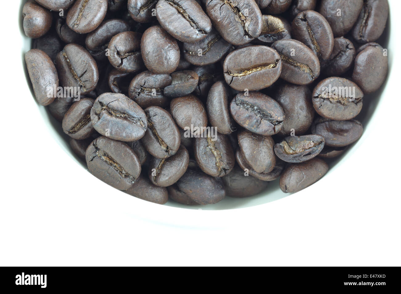 Kaffeebohnen in weißen Tassen auf dem weißen Hintergrund. Stockfoto