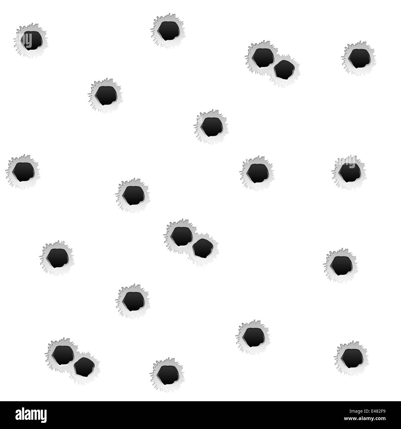 Einschusslöcher auf weißem Hintergrund. Stockfoto