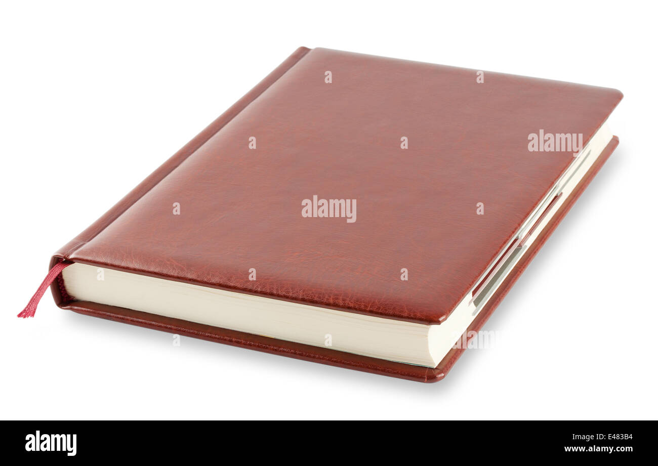 Braun-Tagebuch mit Lesezeichen isoliert auf weißem Hintergrund Stockfoto