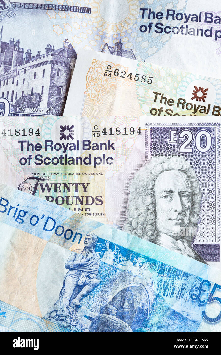 Schottische Banknoten von der Royal Bank of SCOTLAND £5, £10, £20 Stockfoto