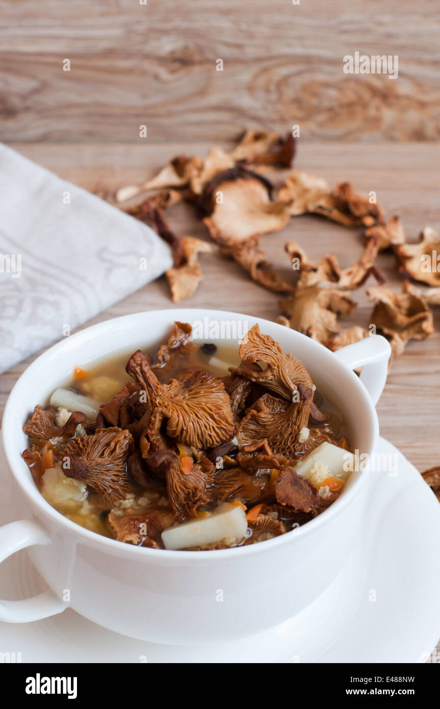 essen Suppe Pilz Holz Pfifferlinge Teller erstes Abendessen essen neues Gericht Suppe Terrine hausgemachte leckere Scheiben trocken niemand Wald Stockfoto