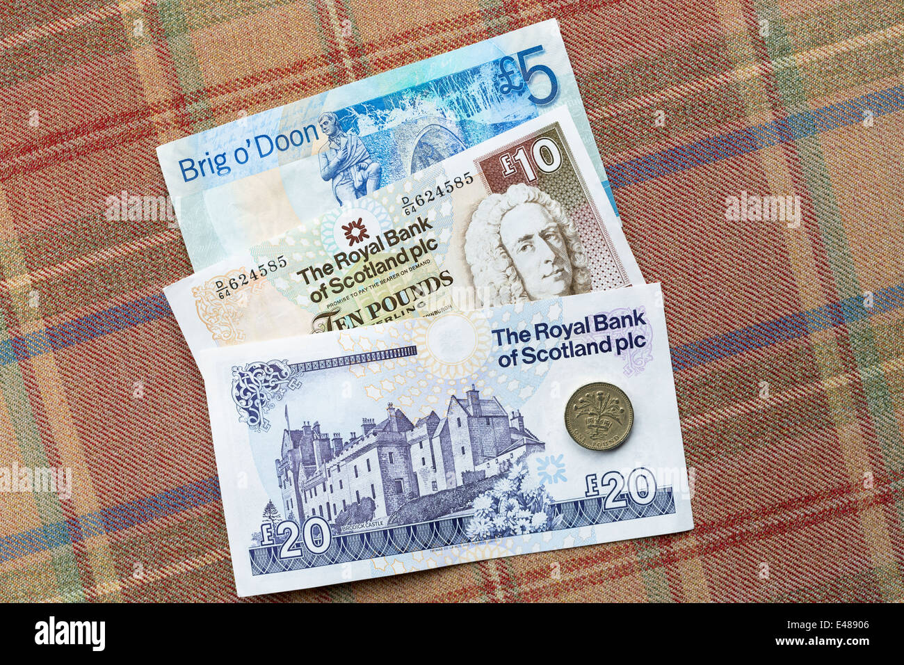 Schottische Banknoten von der Royal Bank of SCOTLAND £5, £10 £20 £1 Münze auf traditionellen schottischen Tartan-Hintergrund Stockfoto