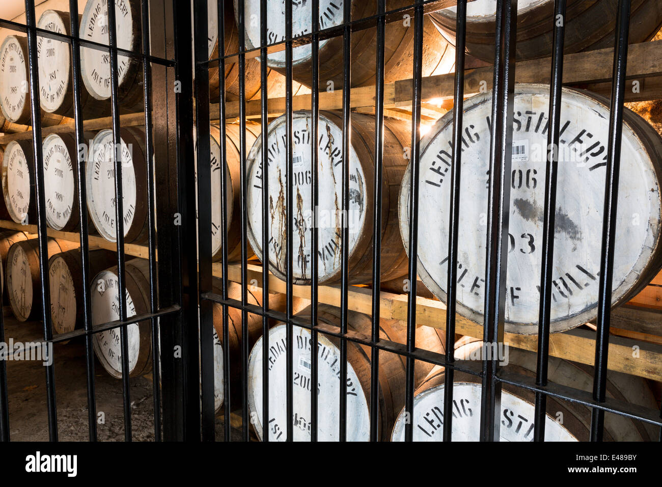 Single-Malt Whisky Ledaig Reifung in Eichenfässern in Zolllager Tobermory Distillery, Isle of Mull, Highlands von Schottland Stockfoto