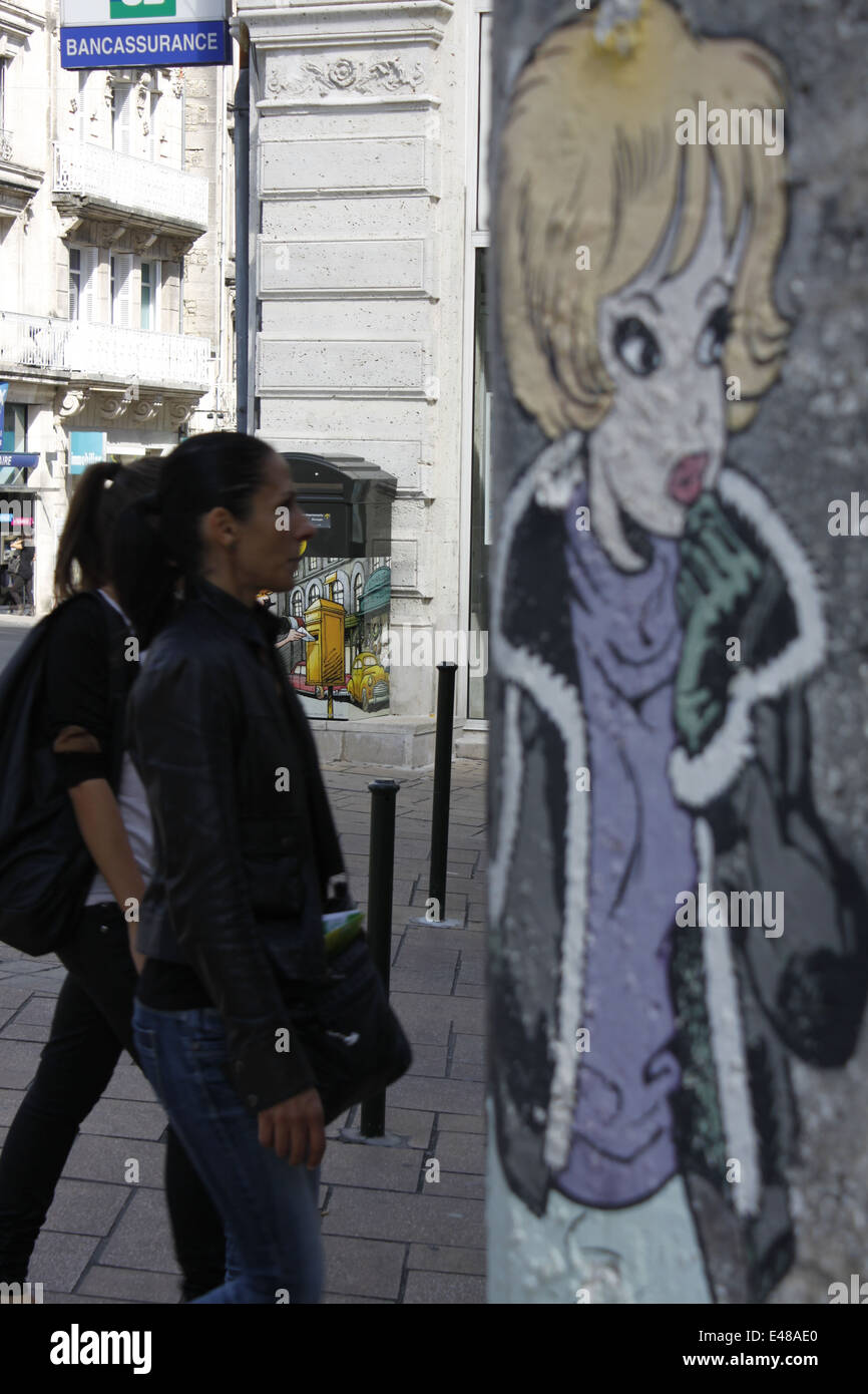 Comic über die Mauer der Stadt Angoulême, Charente, Poitou-Charentes, Frankreich. Stockfoto