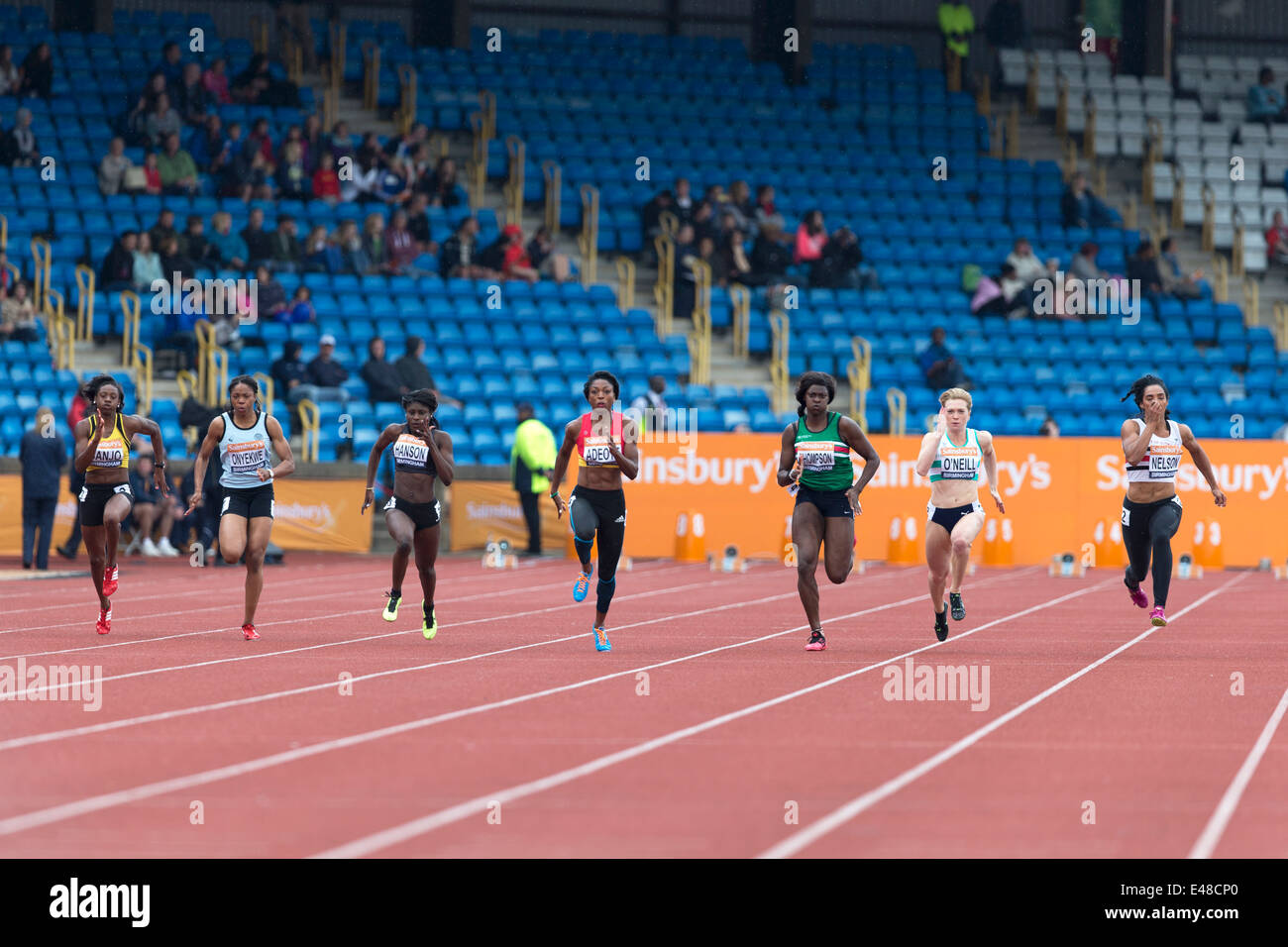 100m Frauen Heat 1, 2014 Sainsbury britischen Meisterschaften, Birmingham Alexander Stadion UK. Stockfoto