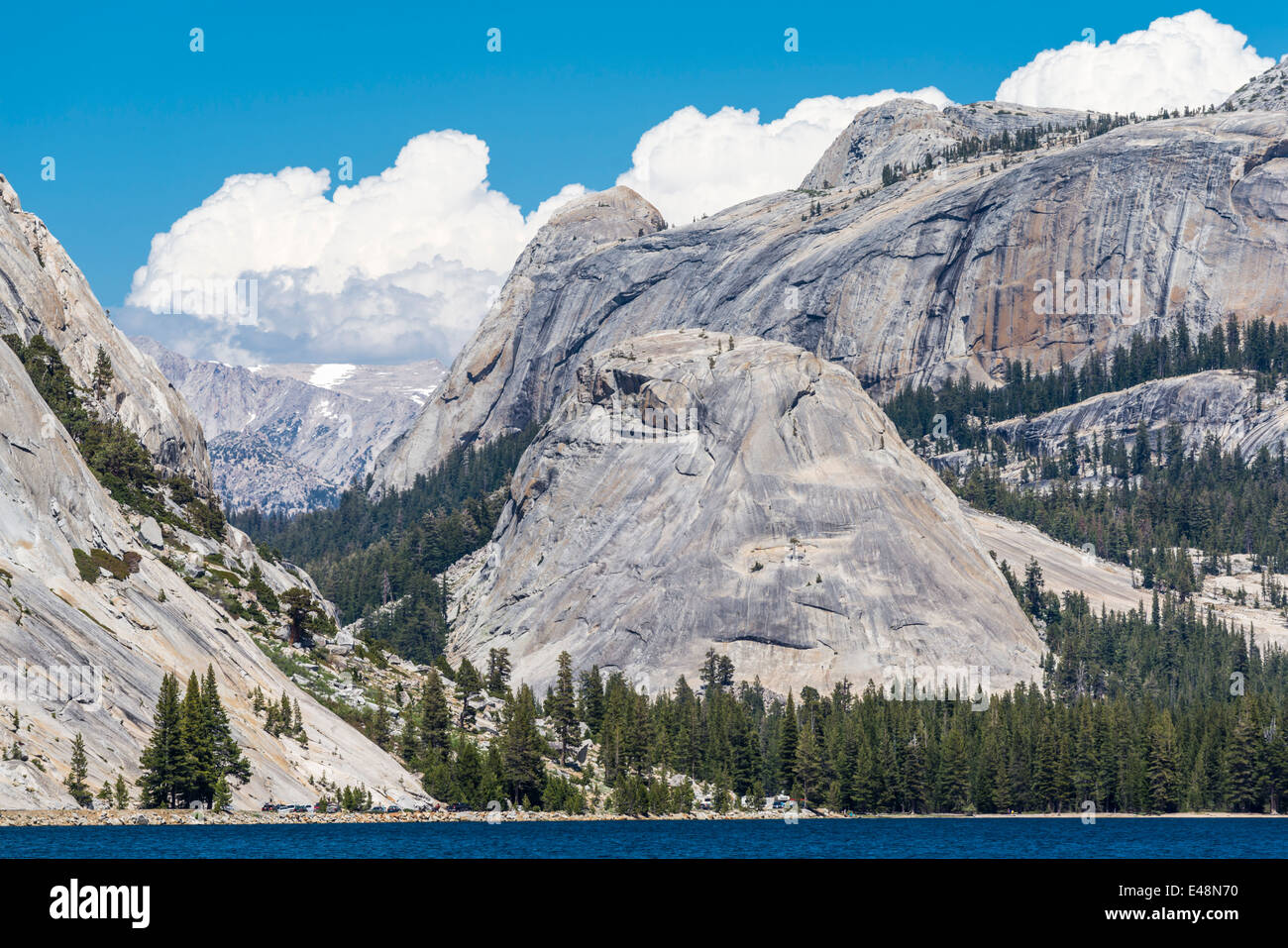 Pywiack und Medlicott Dome am Tenaya Lake. Yosemite Nationalpark, Kalifornien, USA. Stockfoto