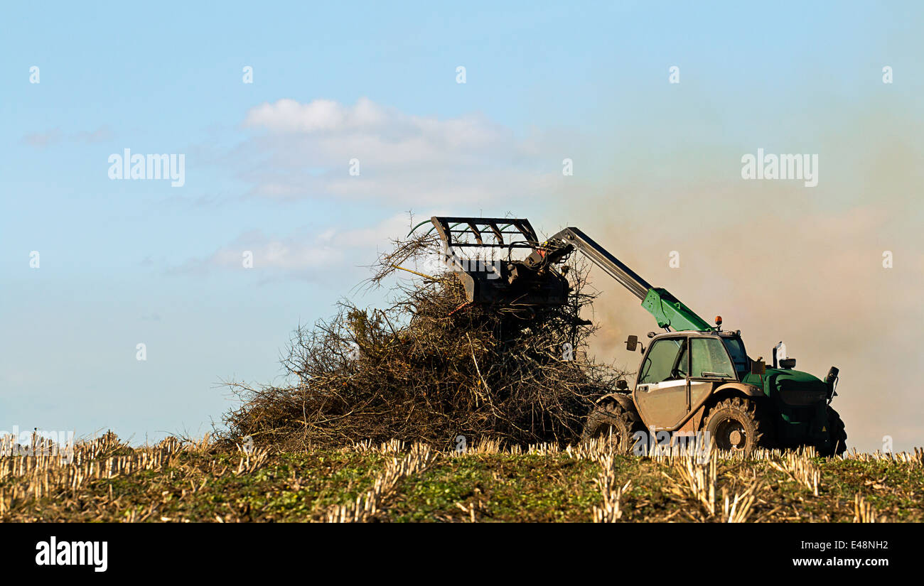 Landwirt brennende Rückstände am Lagerfeuer zu entsorgen Abfall Pflanzenmaterial zu beschneiden und helfen Insekten zu töten. Stockfoto