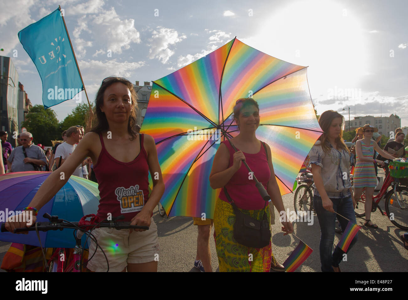 Budapest, Ungarn. 5. Juli 2014. Teilnehmer der Gay Pride Parade marschieren quer durch die Stadt in Budapest, Ungarn, 5. Juli 2014. Das Thema der Parade war "Budapest Pride: 365', was bedeutet, dass die Teilnehmer für die Akzeptanz durch das Jahr, nicht nur an diesem Tag bemüht waren. Verschiedene Gruppen, die behaupten darzustellen "Family Values" statt Gegendemonstrationen entlang der Paradestrecke. Die Polizei verhaftete zwei Demonstranten. Bildnachweis: Attila Volgyi/Xinhua/Alamy Live-Nachrichten Stockfoto