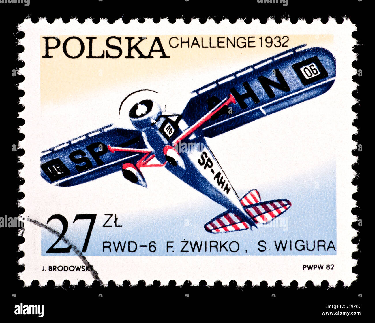Briefmarke aus Polen Darstellung ein RWD-6-Eindecker, für Siege in der Challenge Trophy Flüge. Stockfoto