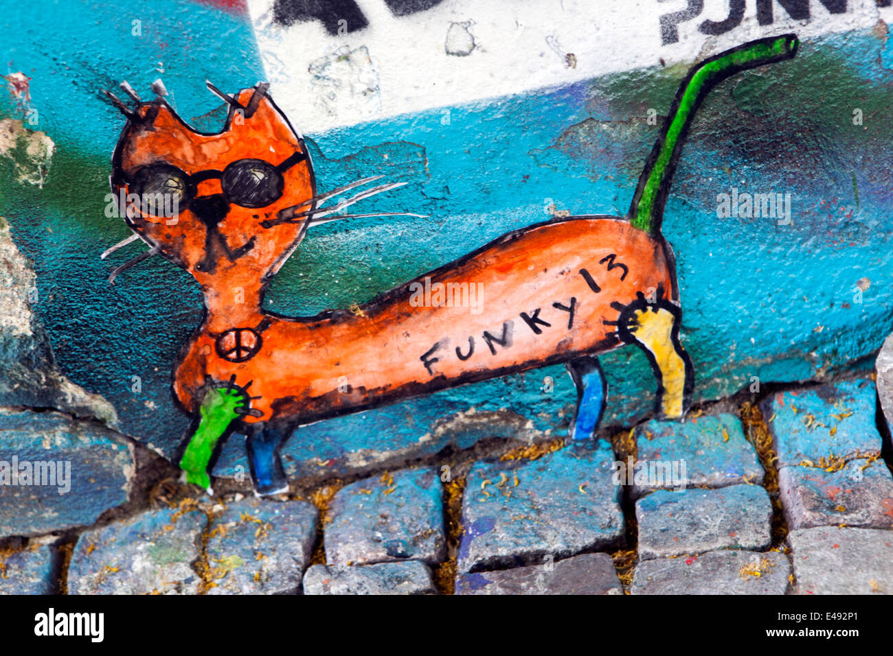 Katze, Street Art Graffiti an der Wand Prag Tschechische Republik Stockfoto