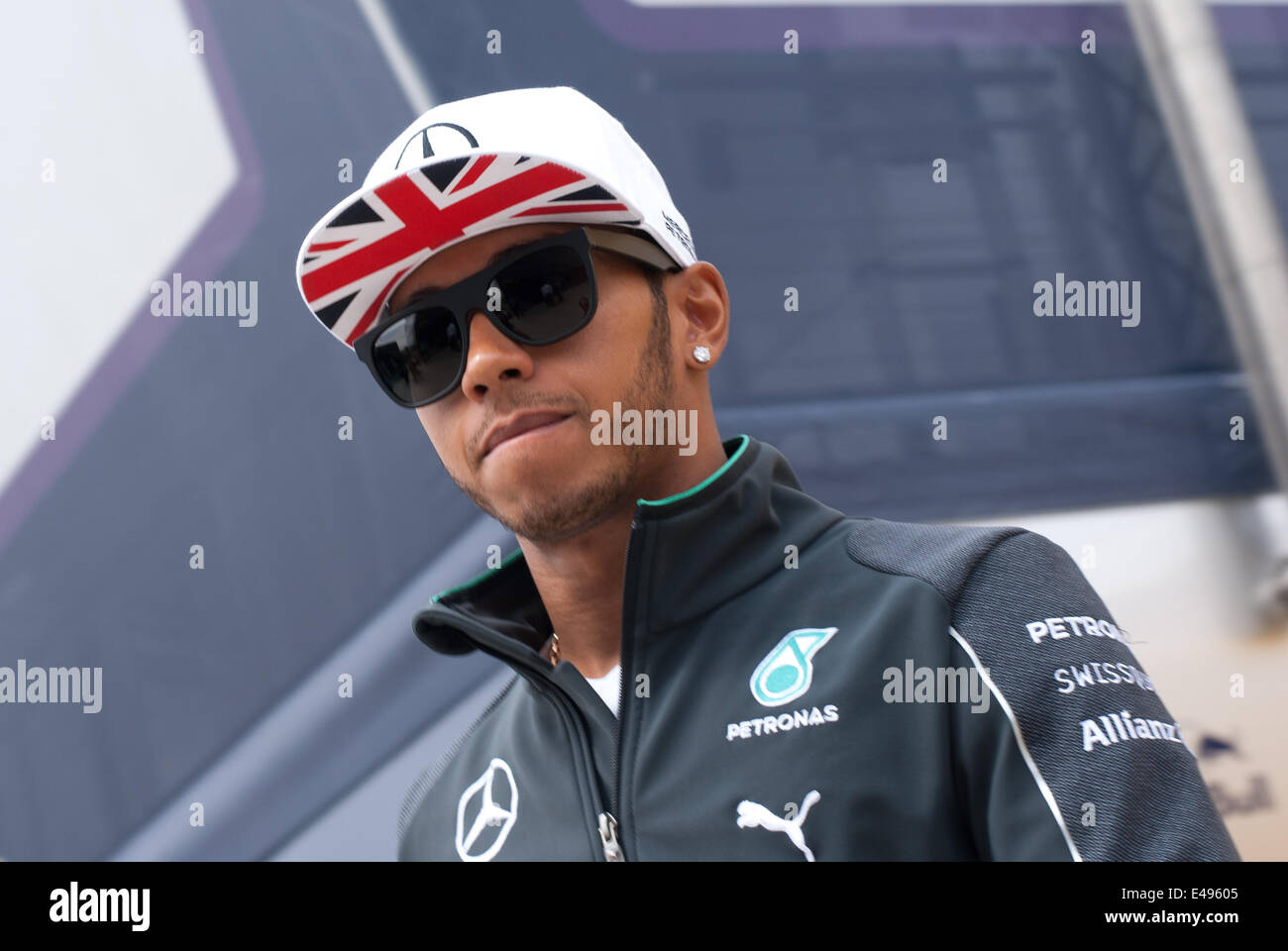 Lewis Hamilton gewinnt 2014 britischen Formel 1 Grand Prix, Silverstone, Großbritannien. Stockfoto