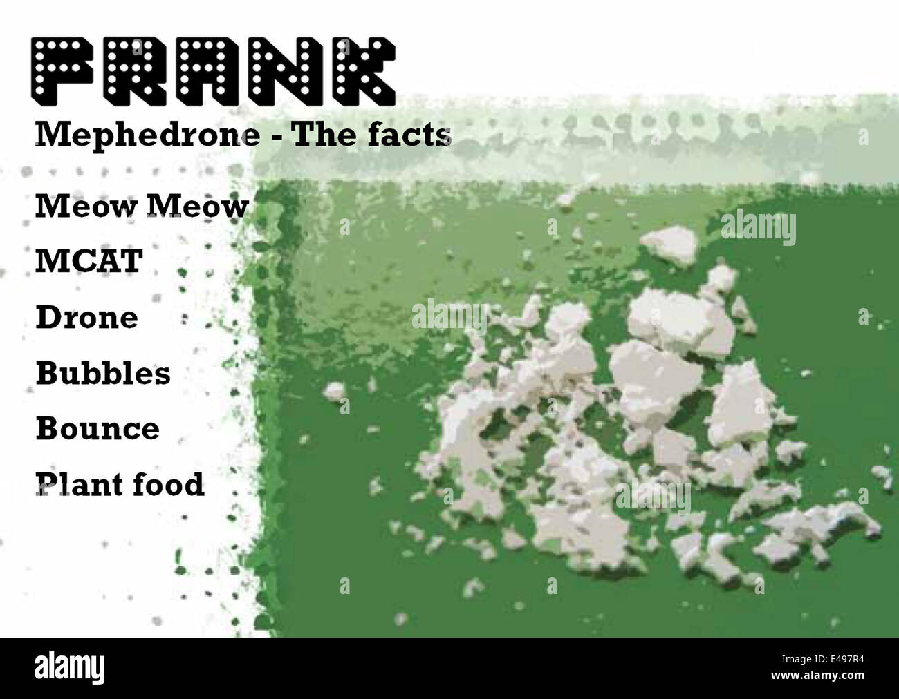 Drug Information Postkarte im Januar 2012 als Teil der FRANK-Anti-Drogen-Kampagne im Vereinigten Königreich veröffentlicht. Informationen über den Designer-Droge Mephedron. Stockfoto