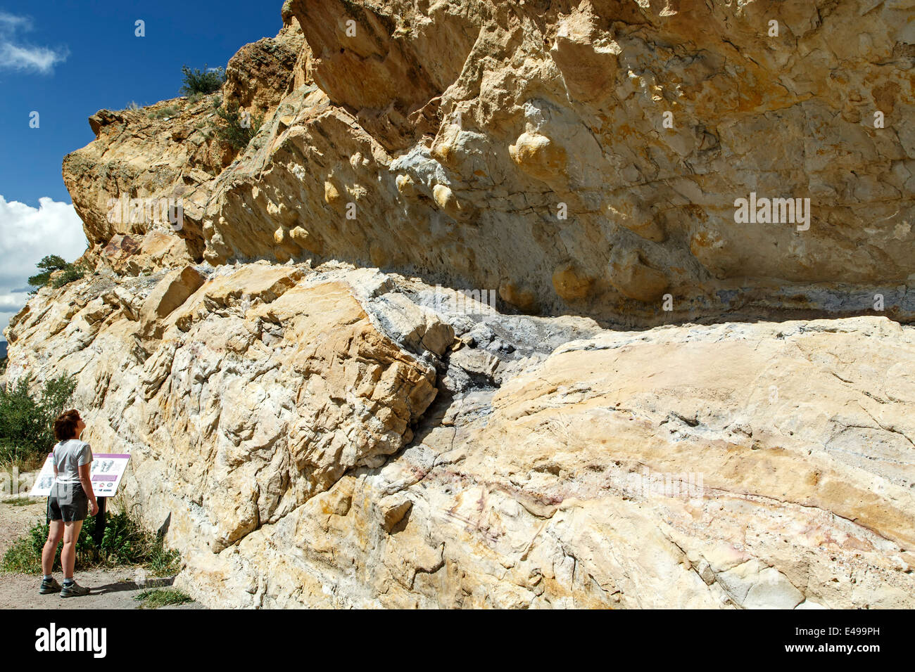 Frau bewundernde Dinosaur tracks (Beulen auf Felsen), Skyline Drive Dinosaurierspuren, Canon City, Colorado USA Stockfoto